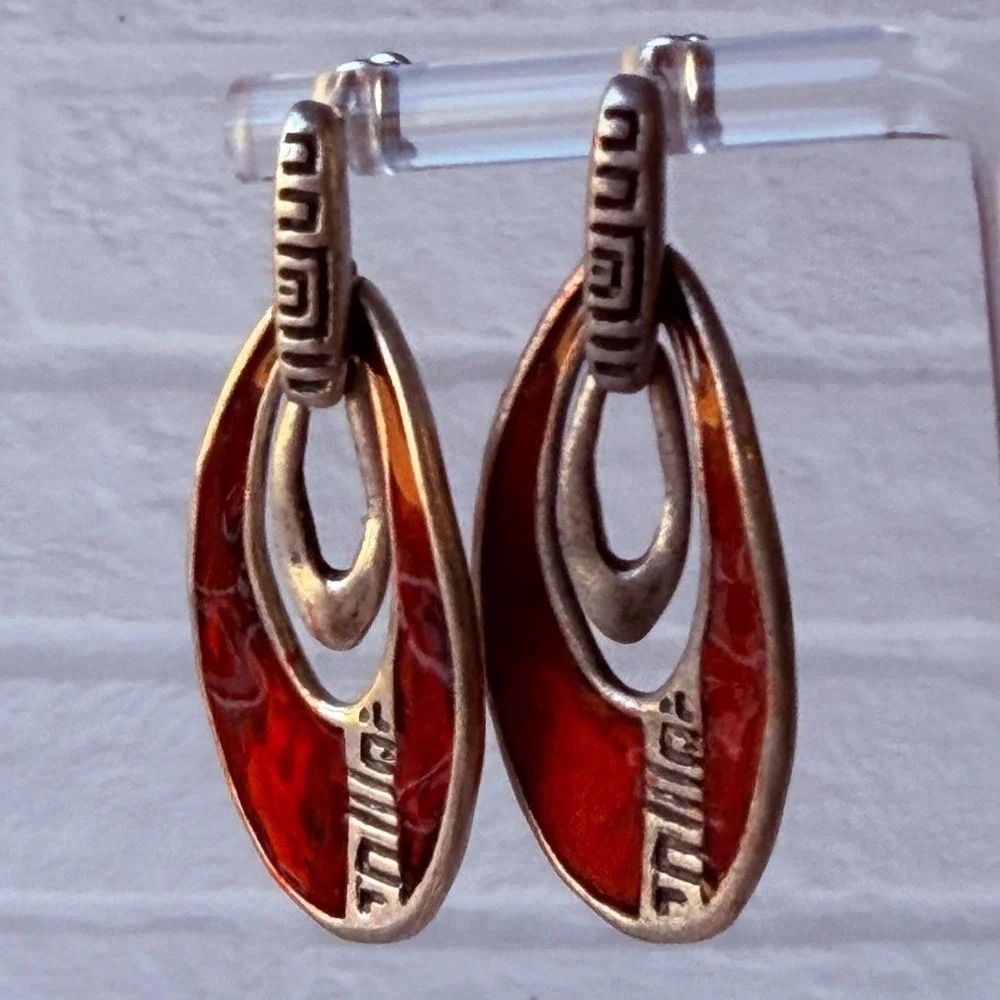 Vintage 1990s Chico's Red Jointed Statement Dangle Earrings Modernist Pierced‎